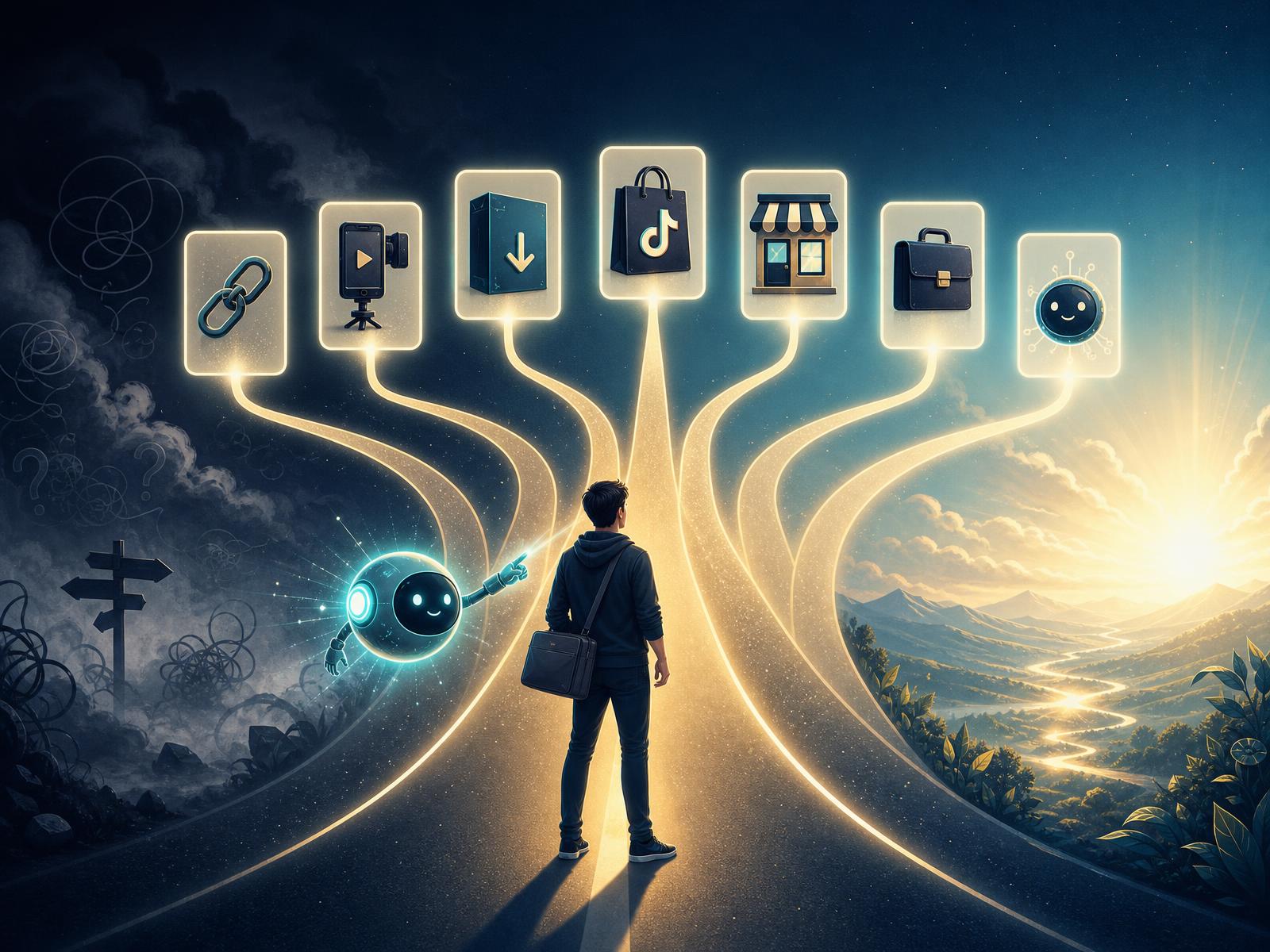 A beginner entrepreneur at the start of a journey with glowing paths branching toward affiliate marketing, UGC, digital products, TikTok Shop, ecommerce, freelancing and AI services, guided by a friendly AI companion